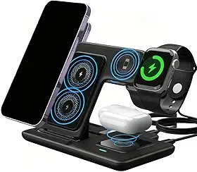 Suporte de carregamento rápido sem fio 3 em 1, suporte dobrável para celular, smartwatch, fone de ouvido, suporte de mesa para vários dispositivos (preto)
