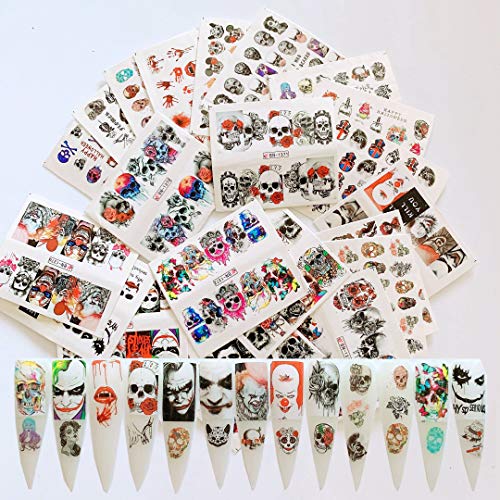 NAIL ANGEL 24sheets Nail Art Water Decals Water Transfer Sticker Different Skull Head Clown Blood Halloween Designs Decals for fingernail and toenail Manicure (10229)