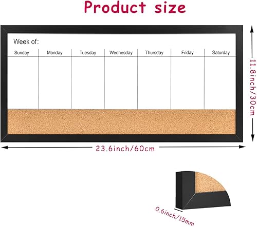Miniatura 9 de Pizarra blanca magnética semanal de borrado en seco y tablero de corcho, marco de madera blanca, superficie magnética para oficina en casa y