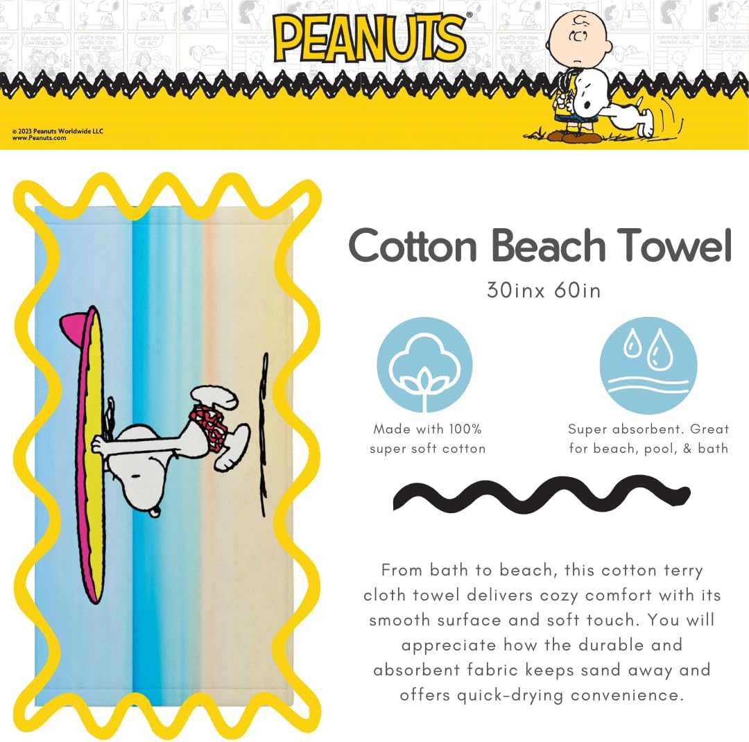 Franco Collectibles Peanuts Snoopy Super Soft Cotton Bath/Pool/Beach Towel, 60 in x 30 in, (100% Officially Licensed Product)
