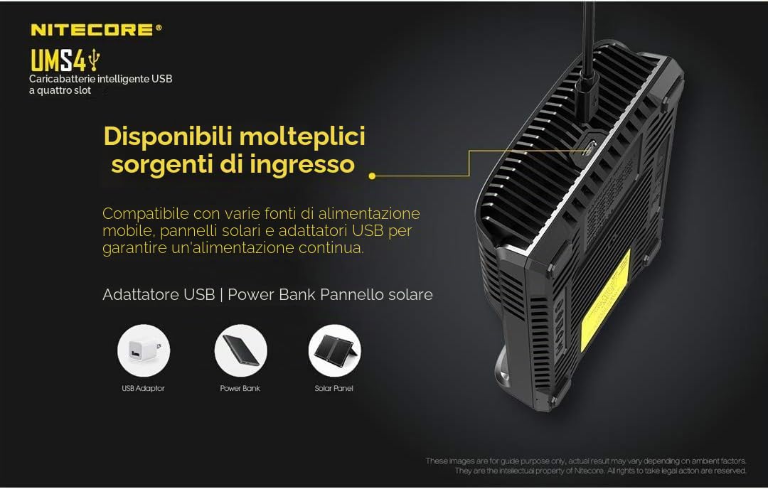 Nitecore Caricatore Universale UMS4 3000mA USB Unisex-Adulto, Nero, L: 159 x l: 107 x H:41
