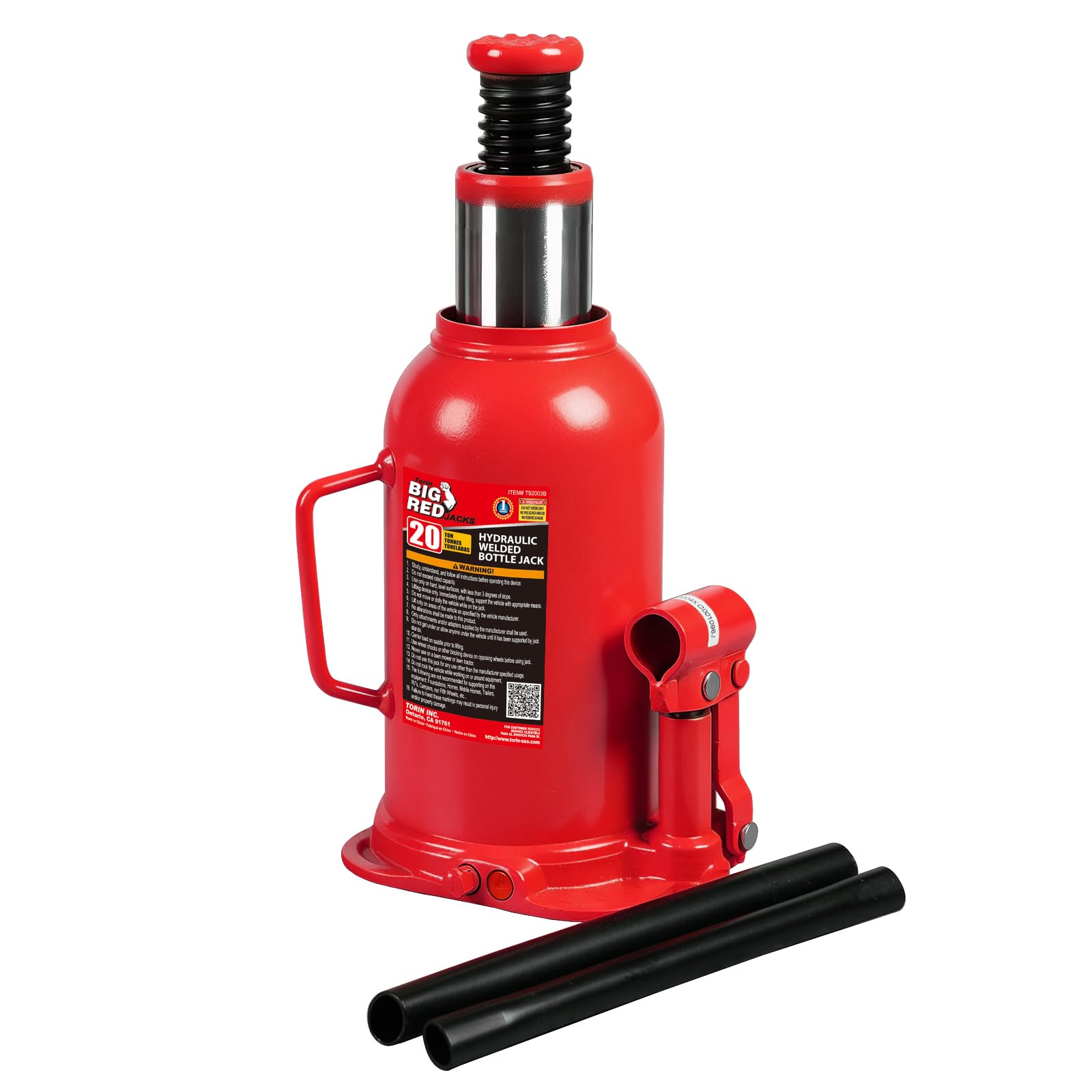 T92003B Torin Hydraulic Welded Bottle Jack, 20 Ton (40,000 lb) Capacity, Red