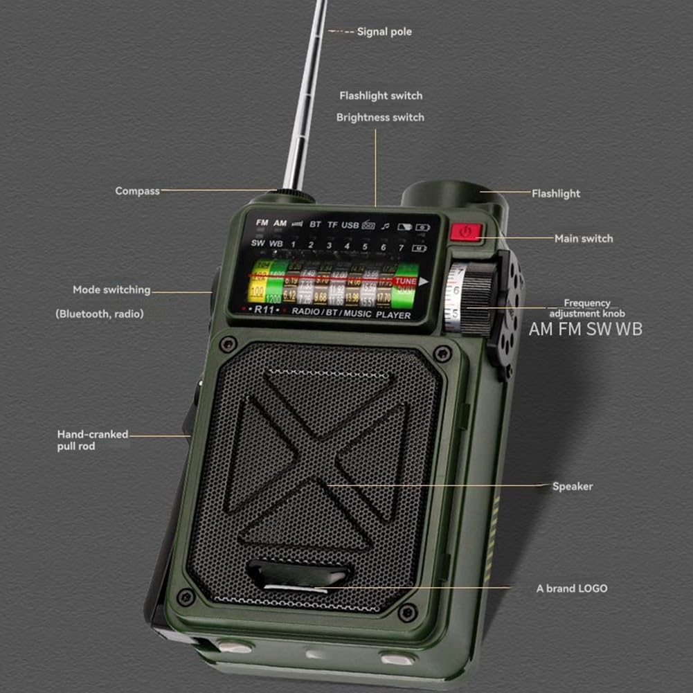 Radio Multifuncional de Emergencia con Altavoz Bluetooth, Brújula, Linterna, Generador Solar de Manivela, Banco de Energía.