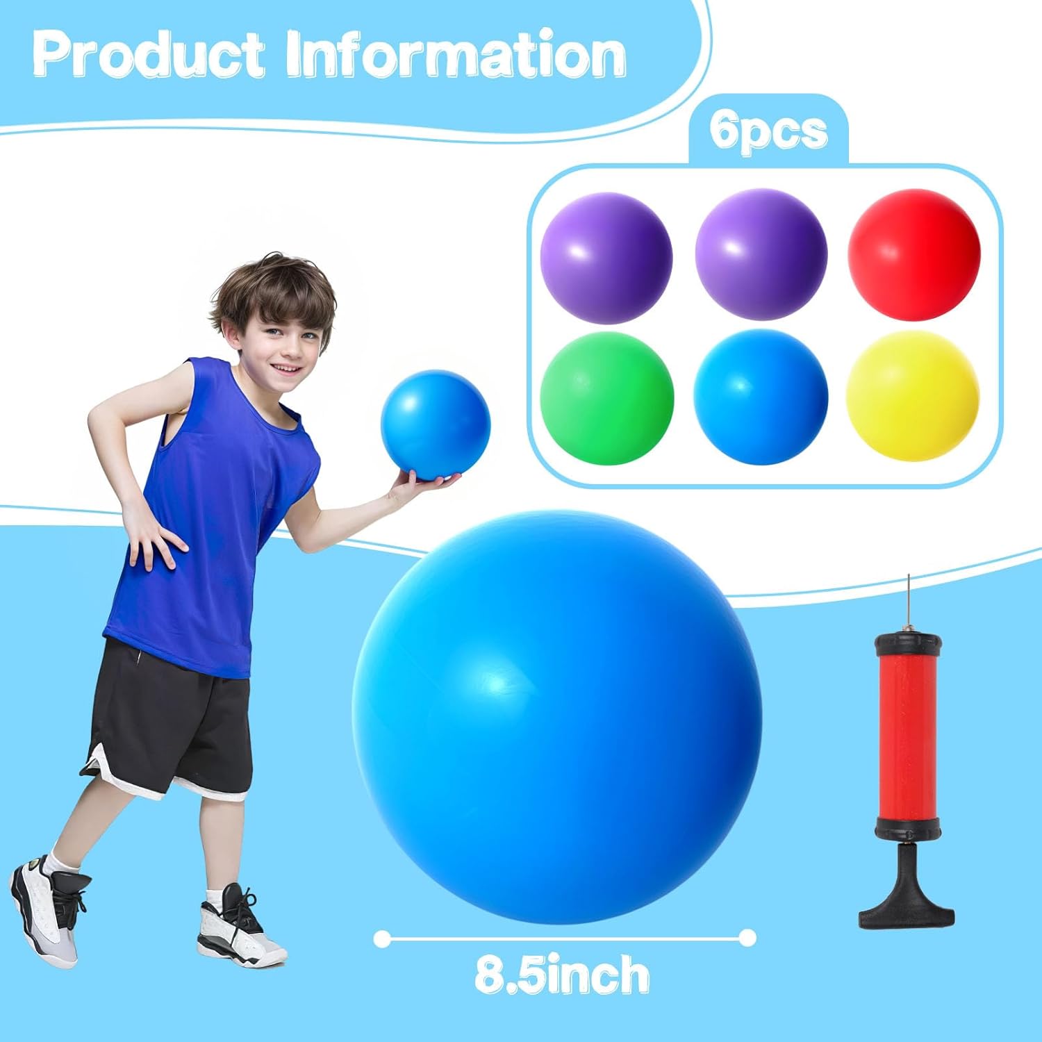AMOR PRESENT 6PCS Playground Ball, 8.5 Inches Inflatable Rubber Kickball Dodgeballs for Kids and Toddlers, Inflatable Balls for Indoor and Outdoor Games, Goodie Bags Stuffers, Dog Toys