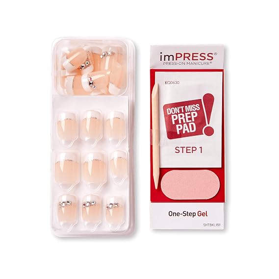 KISS imPRESS Press-On Manicure, Believe, Short Length Square, with PureFit Technology, Includes Prep Pad, Mini File, Cuticle Stick, and 30 Fake Nails