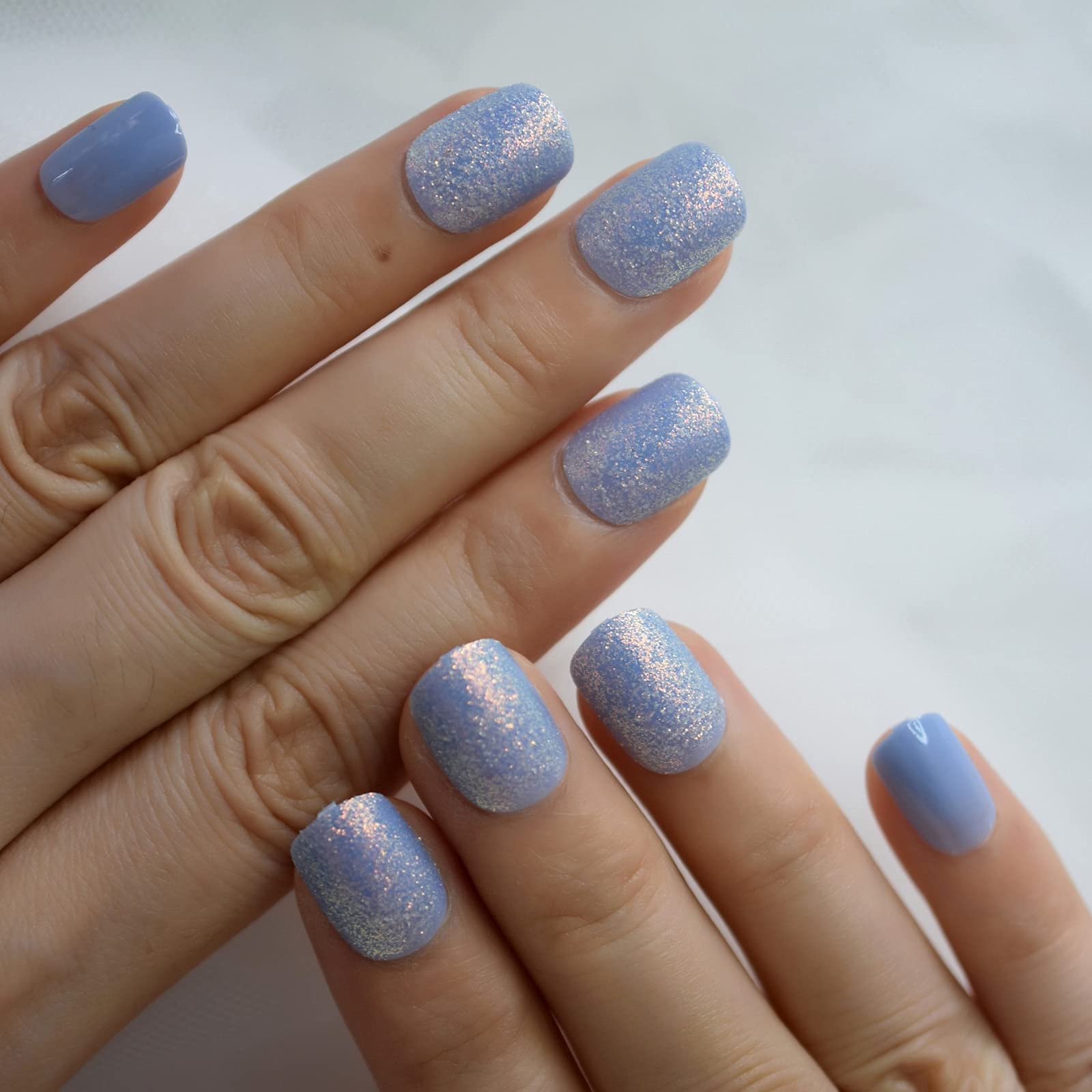Amazon.com: Coolnail Shiny Soft Blue Press on False Fake Nails with Shimmer  Iridescent Glitter Design Acrylic Short Square Nail Art Tip for Women :  Beauty & Personal Care