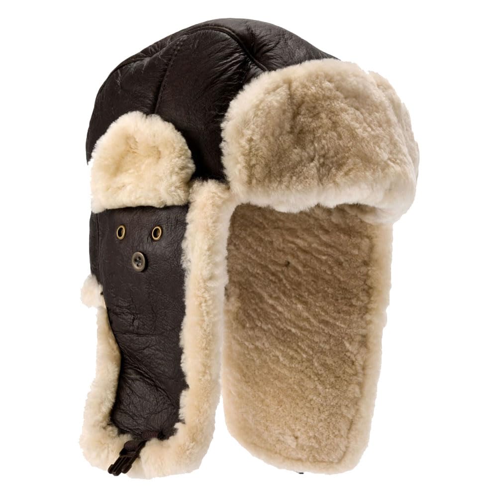 Lambland Men's Brown Luxury Leather & Sheepskin Flying Bomber Hat (As8, Alpha, M, L)