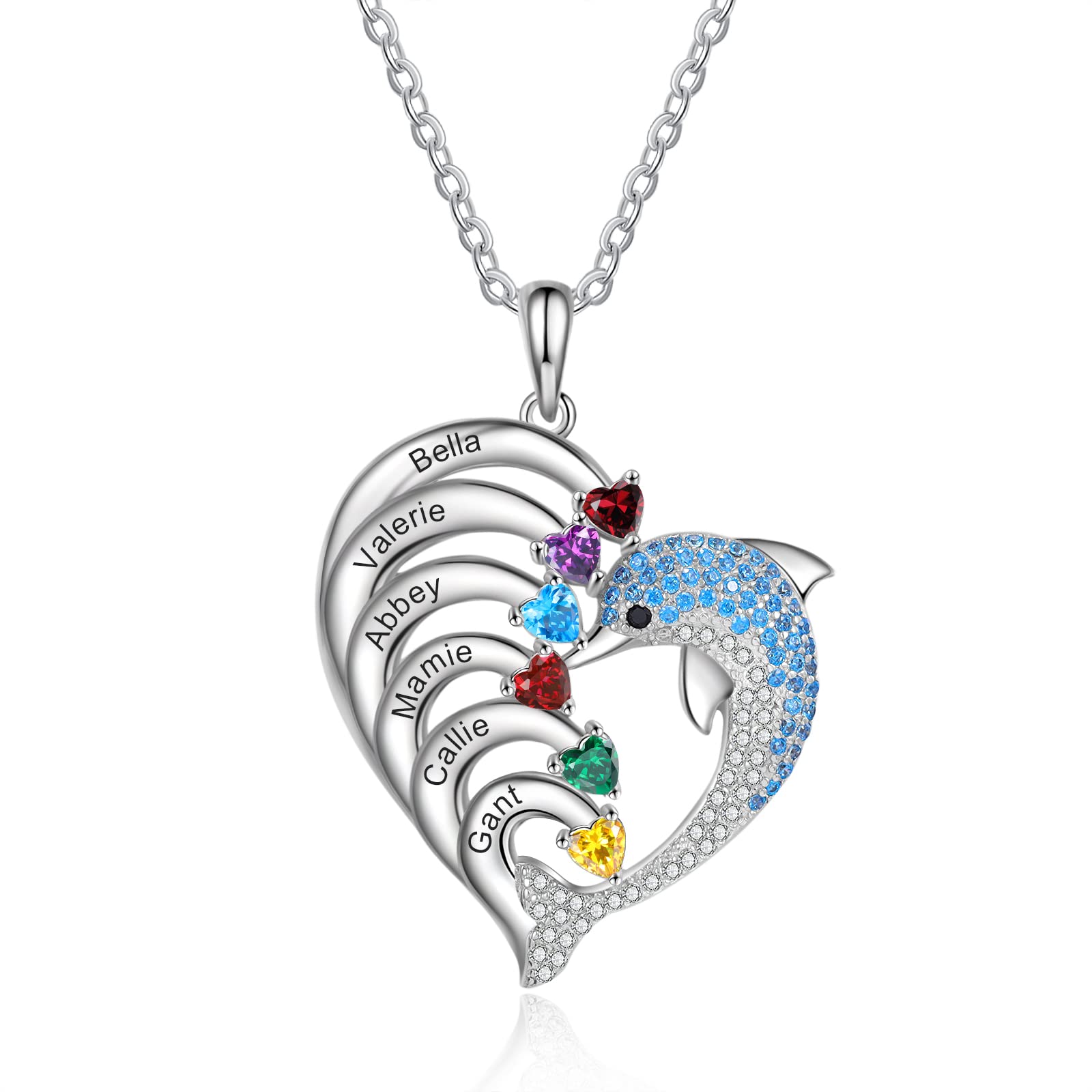 ALBERTBAND Collar Personalizado Delfines Forma de Corazón con 2-8 Nombres Colgante de Piedra Natal Grabada para Mujer Collar de Promesa Familiar para Joyería del día de San Valentín