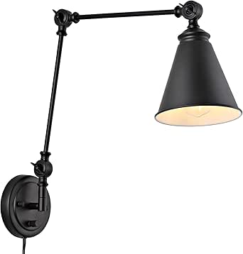 WINGBO Vintage Adjustable Swing Arm Wall Lamp Foldable Black Wall Light Plug-in Cord Industrial Wall Sconce Plug in or Hardwire with On/Off Switch Wall Mounted Reading Light Fixture Bedside Lamp