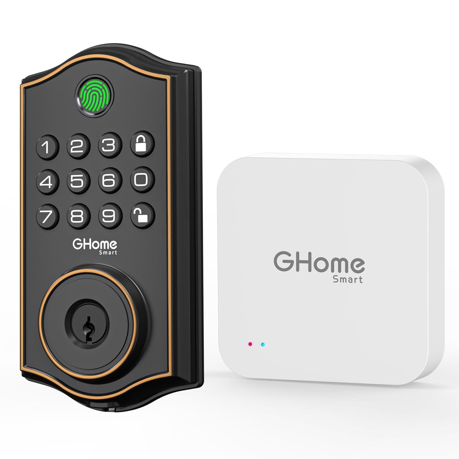 GHome Smart Deadbolt Lock Work with GHome G2 Smart WiFi Gateway, App Remote Control, 2.4Ghz WiFi, Fingerprint Keyless Entry Door Lock for Front Door, Auto Lock, Electronic Keypad Deadbolt