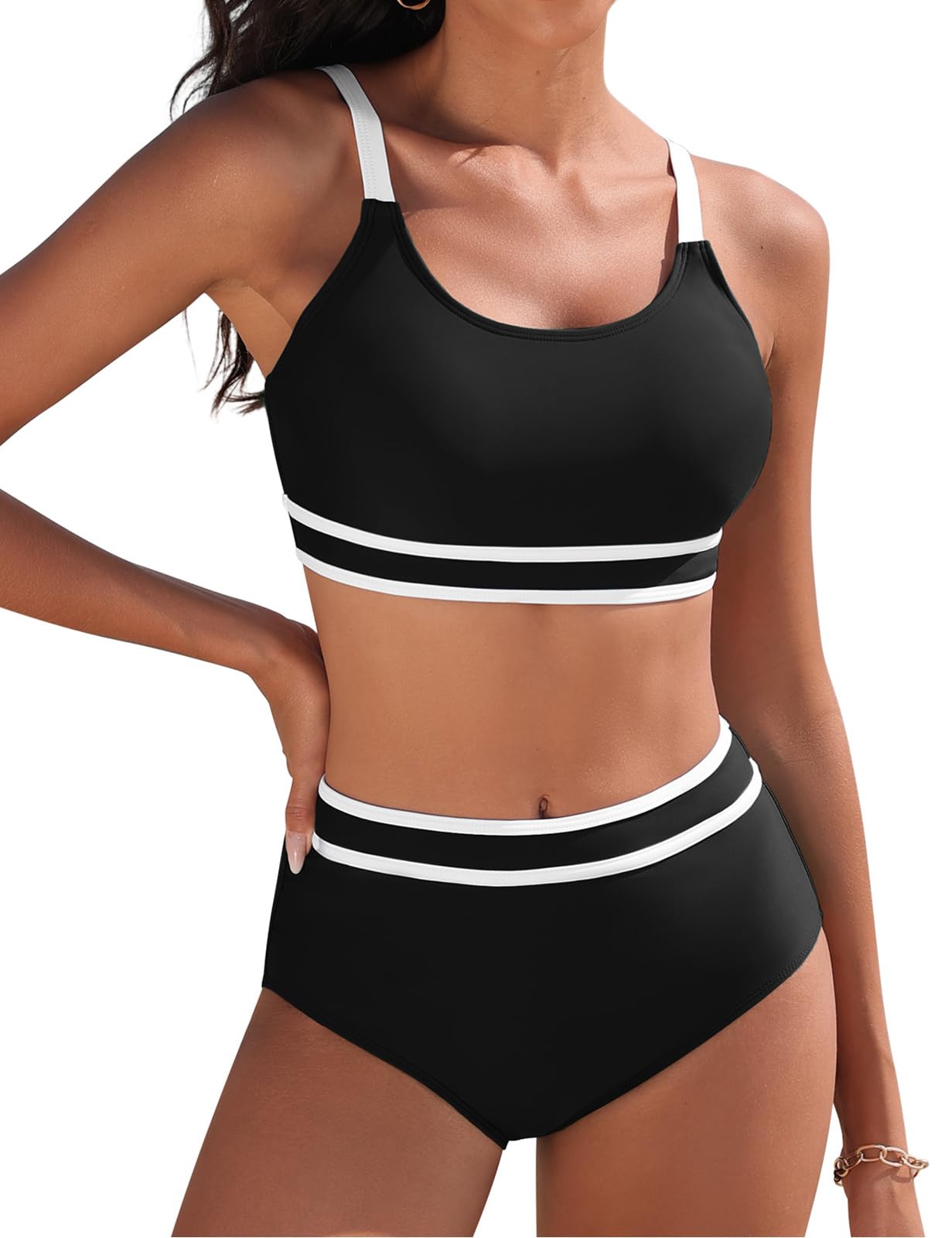 Tuopuda Badpak voor dames met hoge taille, tweedelig, push-up bikini- bovendeel met V-hals en slip voor buikcontrole, gekruiste rug, badmode, Wijn, XL