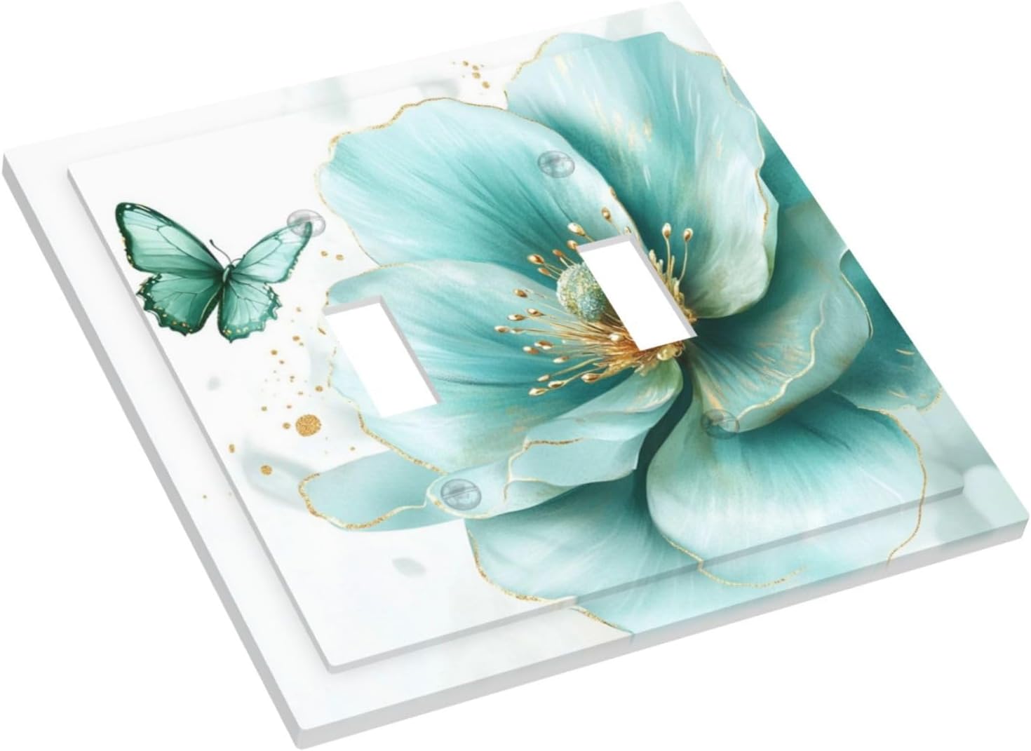 Decorative Light Switch Cover Plate Watercolor Big Blue Flower Floral Teal Green Butterfly 2 Gang Wall Plate Oversized Double Toggle Two Switch Wall Cover Plate Device Electrical Face Plate image 3