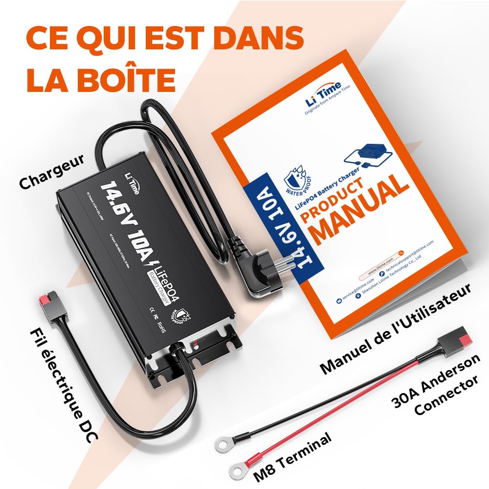 LiTime 14.6V 10A Chargeur LiFePO4 étanche IP67, Chargeur AC-DC au Lithium LiFePO4 avec Fonction de Charge Intelligente à 0V, indicateur LED