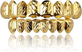 THE WHITE SHOP Grills for Your Teeth Hip Hop 8 Teeth Gold Grillz for Men Women Top Bottom Fang 18K Gold Plated Rugged Rapper Costume