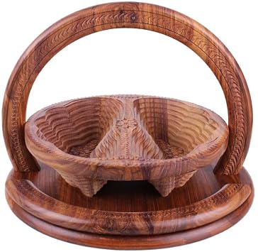 Handmade Wood Carving Fruit Plate Wooden Collapsible Fruit Basket Unique Foldable Walnut Basket for Fruit, Bread and Nuts 11" A3