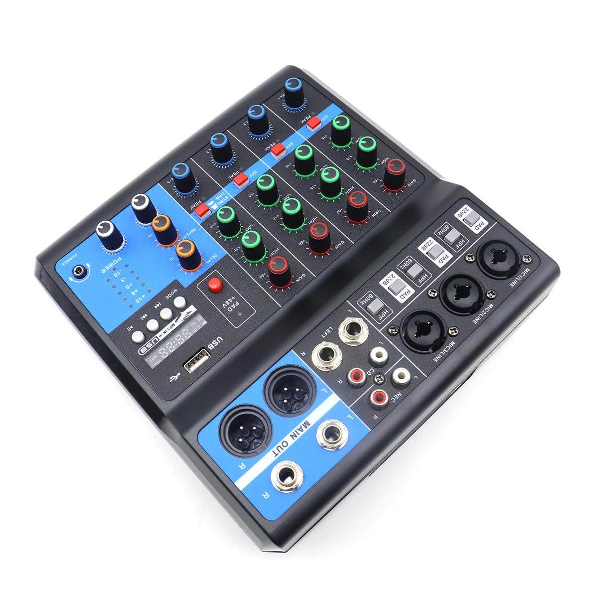 Riven Mini Audio DJ Mixer Sound Board Sistema de Consola de 5 Canales 48V USB MP3 Estéreo DJ Estéreo Live DJ Studio Streaming para fiestas de grabación profesional KTV Stage