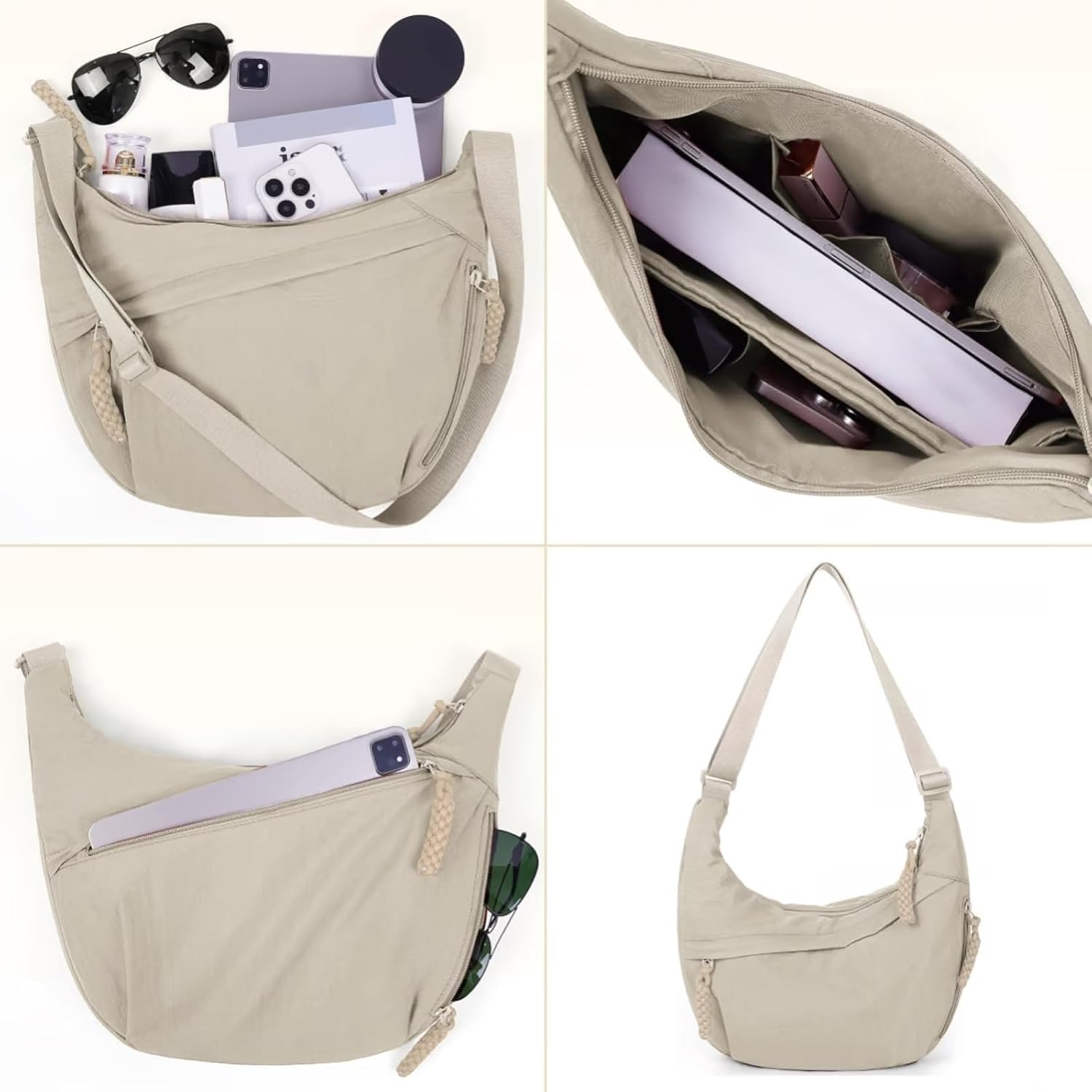 レディースファッション無地ナイロンクロスボディバッグ、ラージマルチポケット防水斜めクロスショルダー布バッグ