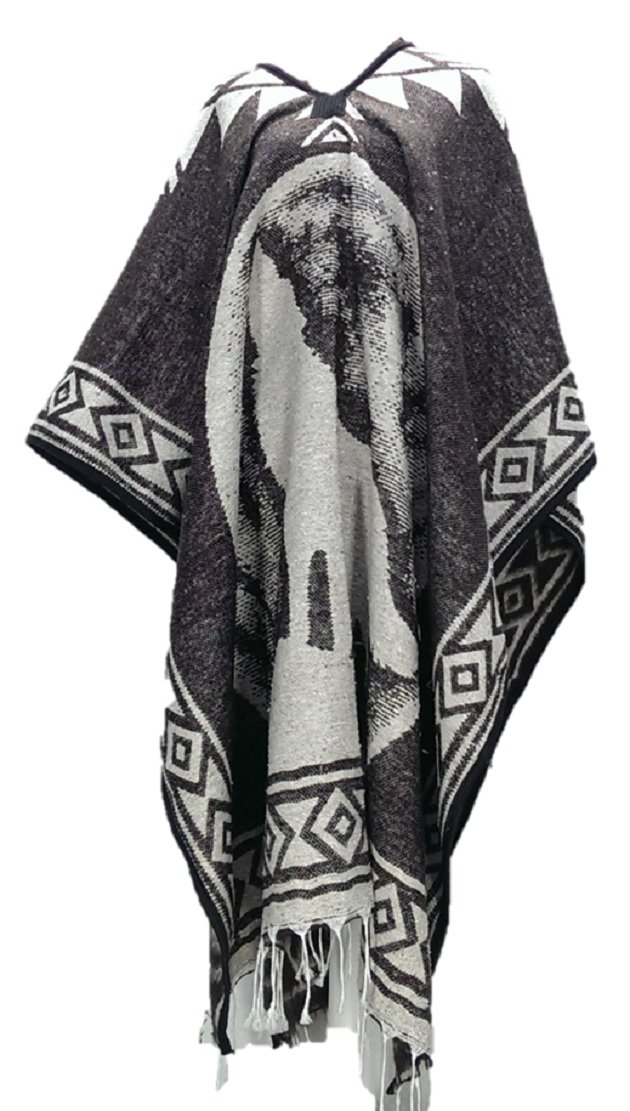 Sharpshooter Brown Full Moon Howling Wolf Poncho & Black Cowboy Hat Set (Brown Poncho Only, Adult Unisex)