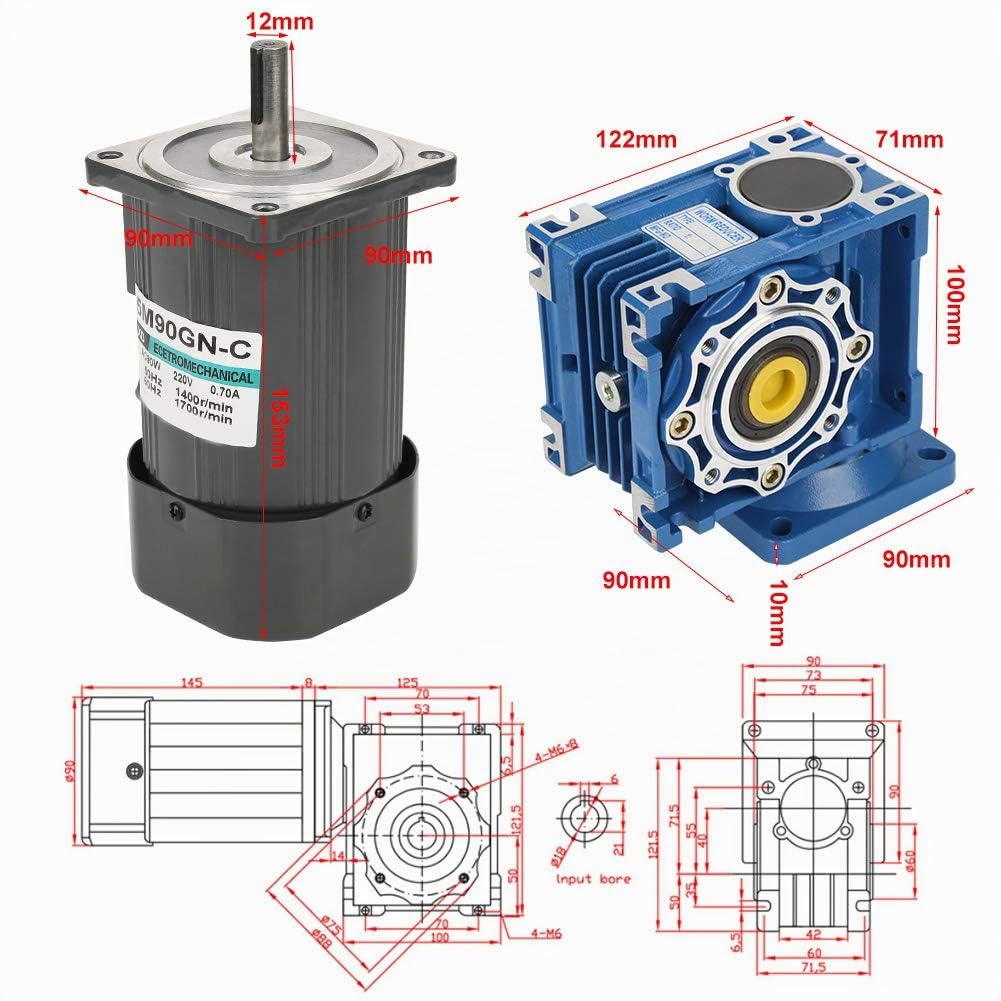 Motoriduttore a vite senza fine, AC 220V 90W 8-Poli 5M90GN-RV40 Motor-Locking Heavy Duty Motoriduttore a velocità variabile 1400 RPM CW/CCW Motoriduttore con regolatore(15K)