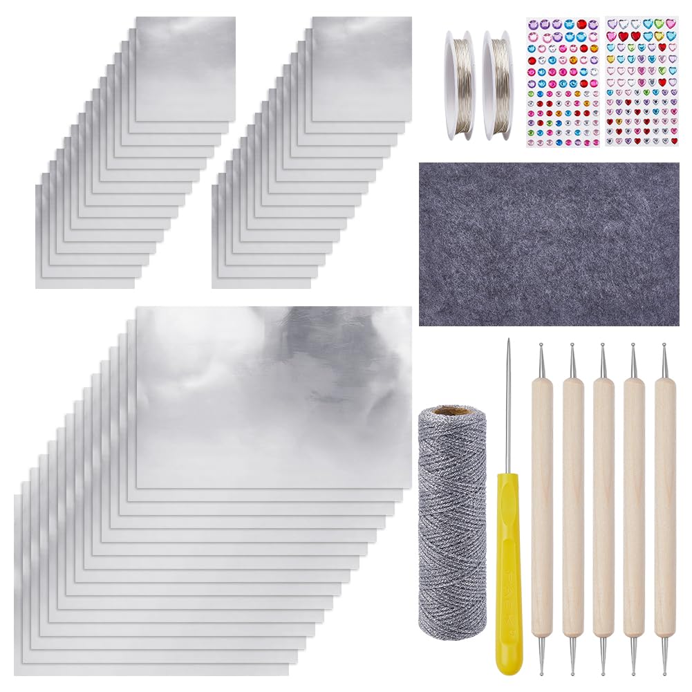 NBEADS 1 Set Metal Sheet Embossing Tools, Embossed Art Kits 45Pcs Tin Foil Embossing Sheets for Painting Engraving Mounting Art Project Crafts, Silver