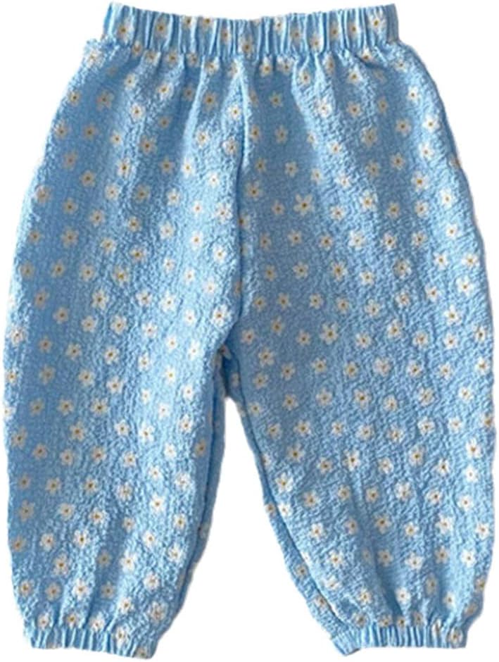 Spring Summer Children's Floral Printed Pants Loose Thin Cotton Pants Kids Girls Causal Flower Harem Pants Blue