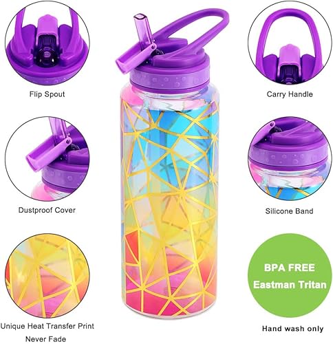 Miniatura 4 de Home Tune Bonita botella de agua con popote, Tritan libre de BPA, a prueba de fugas, asa de transporte y diseño bonito, 32 onzas líquidas (colorido)