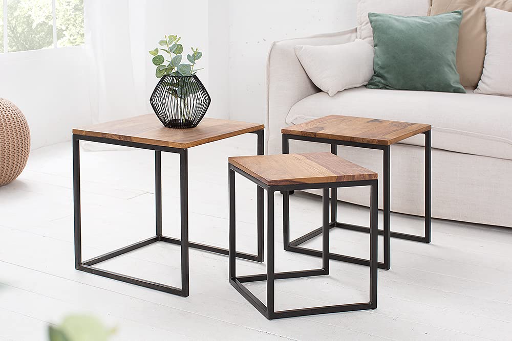 invicta INTERIOR Beistelltisch 3er Set Elements Sheesham Metall schwarz Satztische Tischset Couchtische Beistelltische Wohnzimmertische