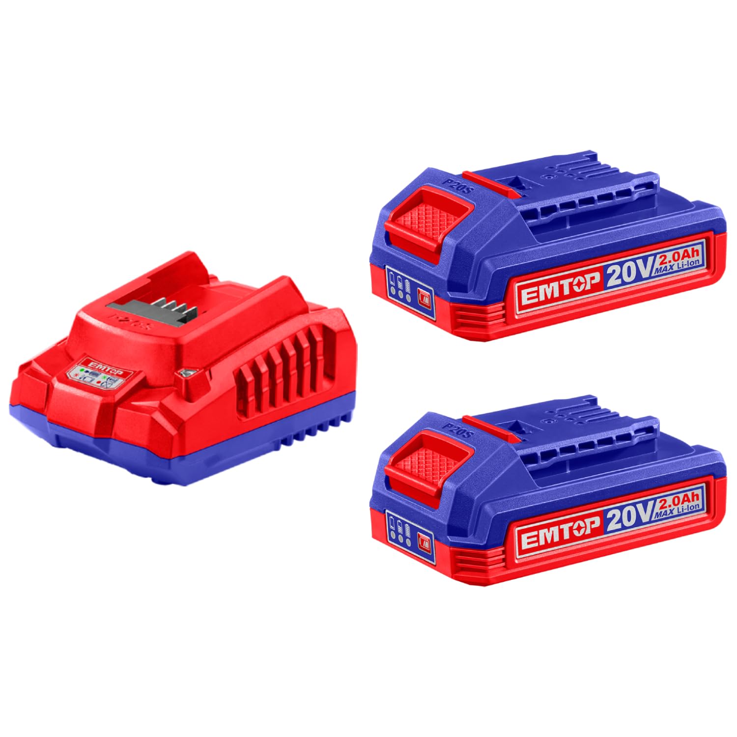 EMTOP - Set Cargador Rapido y 2 Baterias Litio 20V 2,0 Ah Sistema P20S | para Recarga de Baterías Compatibles | Compatible con Toda la Gama del Sistema