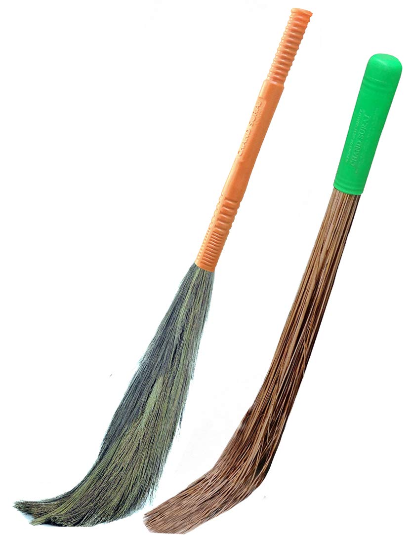 CHAND SURAJ Plastic and Nariyal Stick Combo of King Size Grass and Teela Broom (Multicolour)