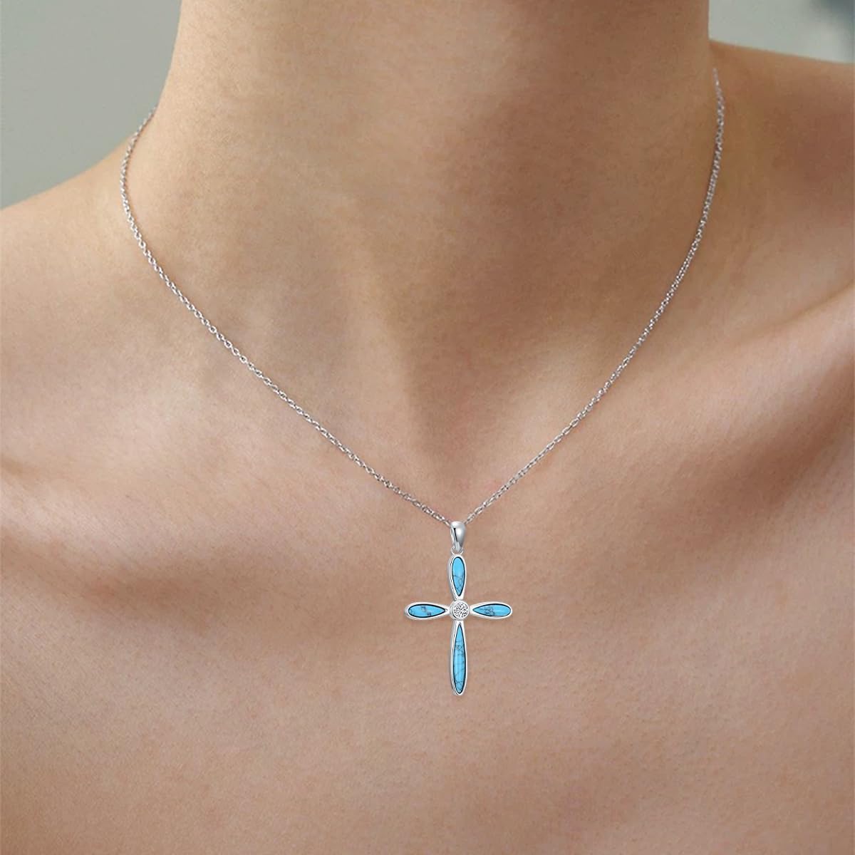 Moissanite Cross Necklaces for Women, 925 Sterling Silver Turquoise Cross Pendant Necklaces, Dainty Moissanite Cross Choker Necklace Religious Jewelry Anniversary Birthday Christmas Gift for Women Mom Wife