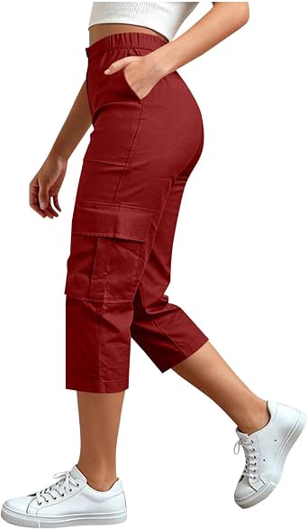 Cargo Capris for Women with Pockets Summer Casual Capri Pants High Waisted Button Work Hiking Travel Cropped Pant