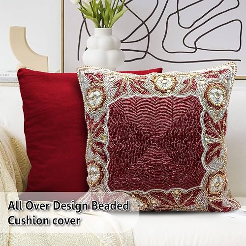 Linen Clubs Beaded Throw Pillow Cover/Euro Sham/Cushion Sham, Super Luxury Soft Pillow Cases-square design 14x14 Red Gold Multi - Image 2