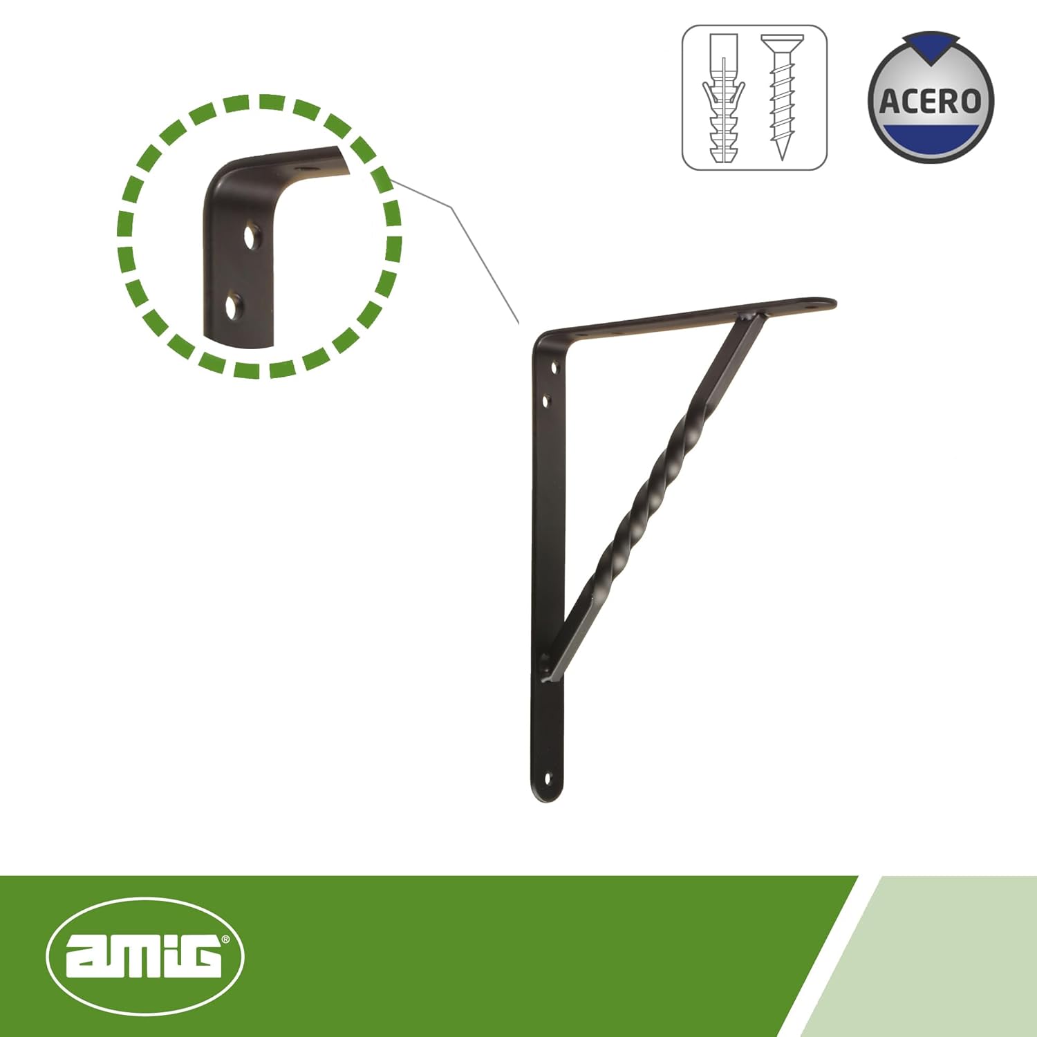 AMIG - Wall Bracket | Metal Bracket for Shelves | Angle for Shelves | Shelf Support | Steel | Black | Dimensions: 200 x 150 mm | Maximum Recommended Weight: 225 kg