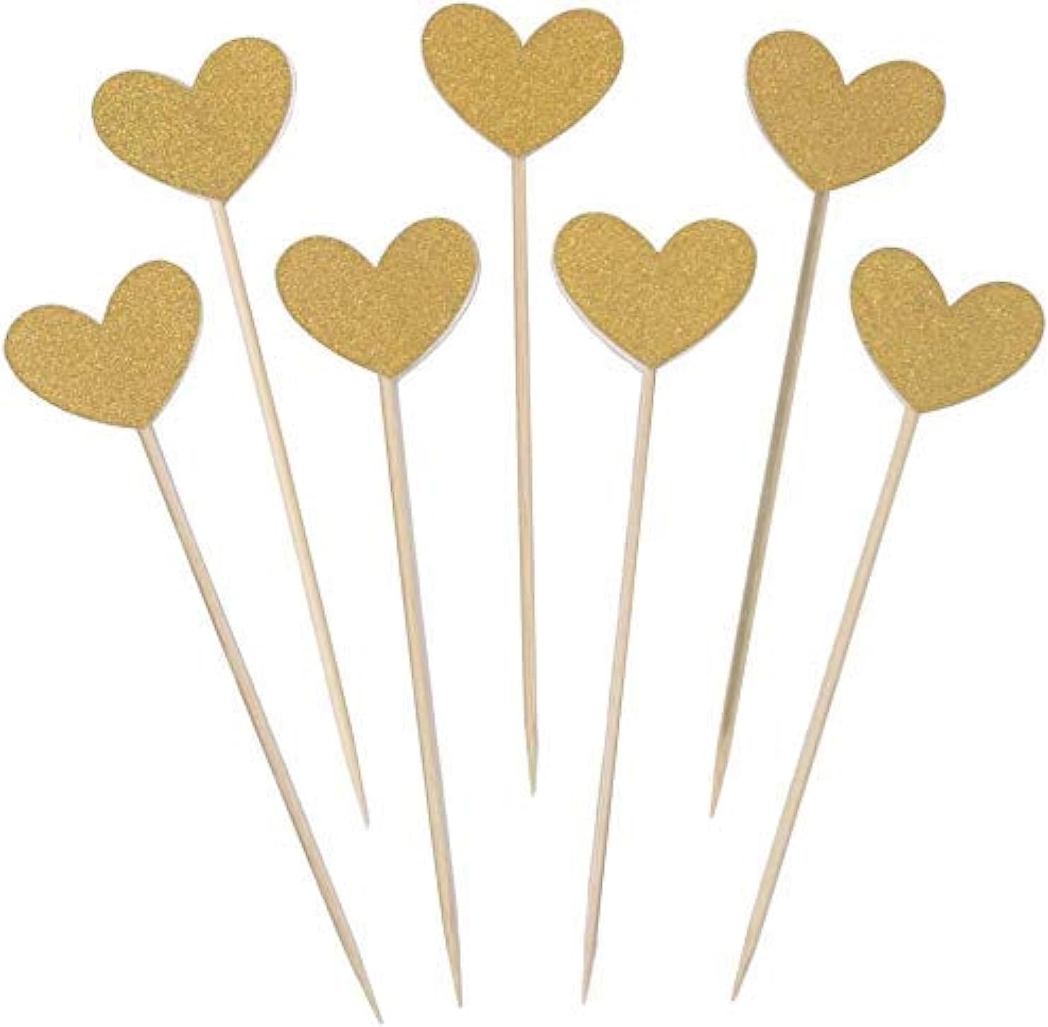 Confetti 40PCS Heart Cupcake Toppers Sweet Love Theme Hearts Food Picks for Valentine Wedding Engagement Bridal Shower Birthday Party Cake Decorations - Gold