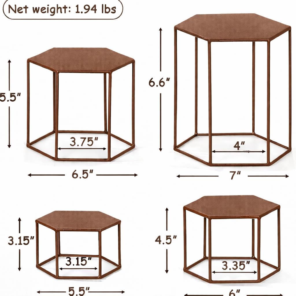 59971 Set of 4 Metal Display Risers, Upgraded Hexagonal Nesting Buffet Riser Set, Modern BROWN Buffet Display Stands for Food, Food Display Risers for Buffet Cupcake Small Potted Plants - Medium