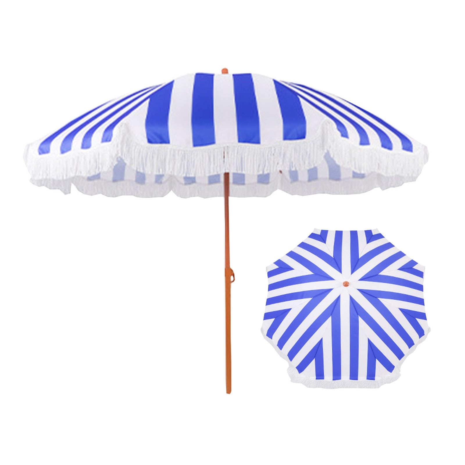 Niebiesko-zielono-różowy, Trójkolorowy, Wiatroszczelny Parasol Kempingowy, 8-żebrowy, Parasol Ogrodowy I Plażowy, Z Frędzlami