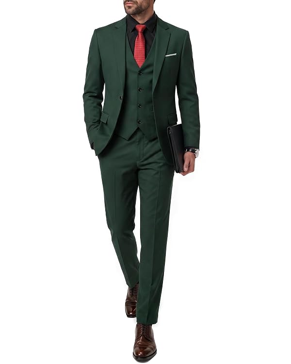 MrSure Men's 3 Piece Suit Blazer, Slim Fit Tux with One Button, Jacket Vest Pants & Tie Set for Party, Wedding and Business Deep Green by MrSure - Used condition - US$66.36