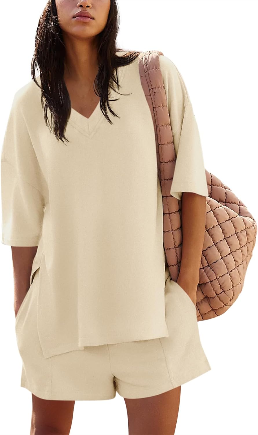 Yousify Womens 2 Piece Sets Summer Outfits 2025 Lounge Set 3/4 Sleeve Oversized Tops And Elastic Waist Shorts With Pockets