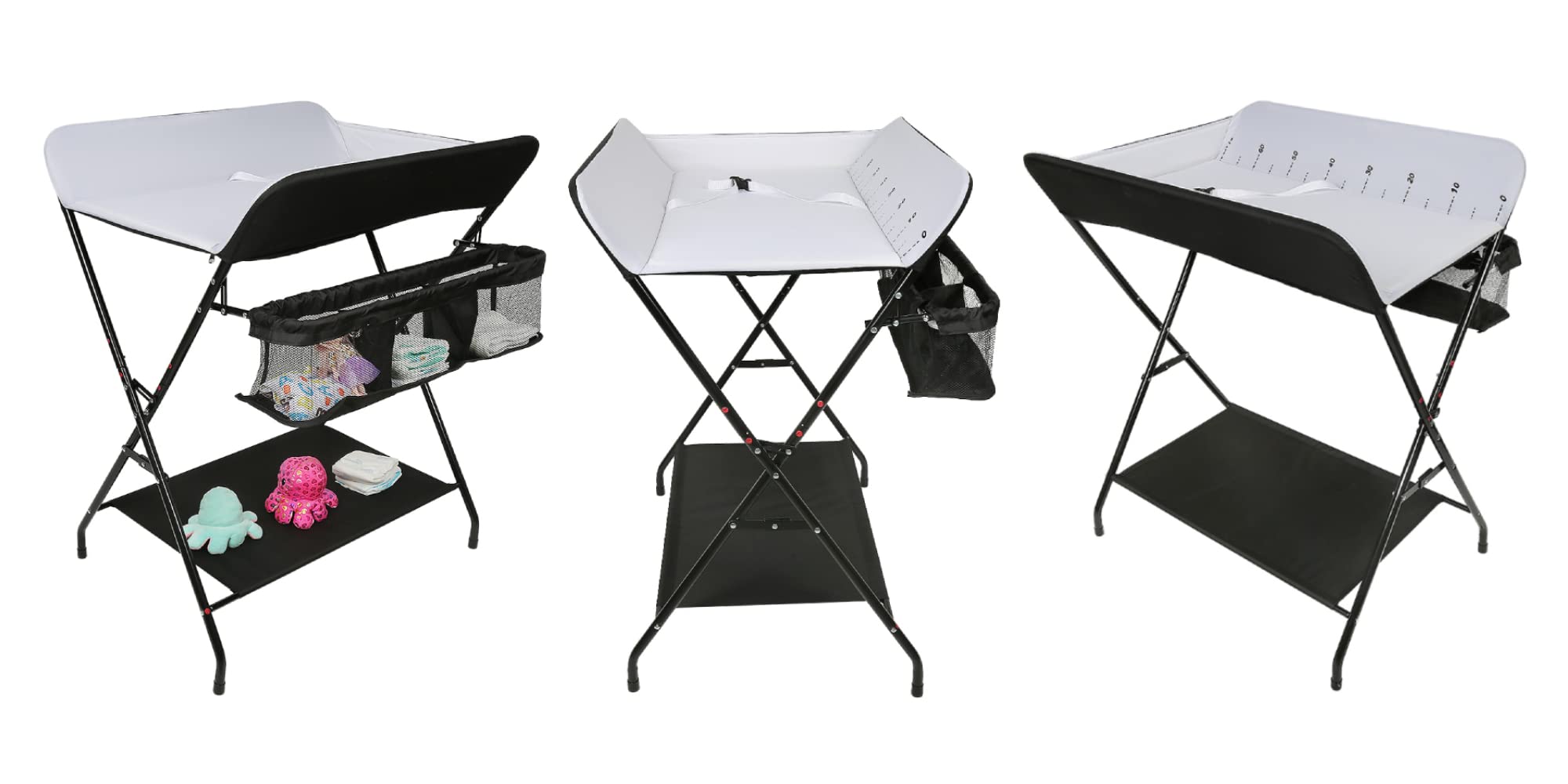 Cambiador Plegable Carga Hasta 25 kg Cambiador de Pañales con Almacenamiento y Cinturón de Seguridad Cambiador para Bebé sin Ruedas Negro-blanco 55,5×79×96 cm