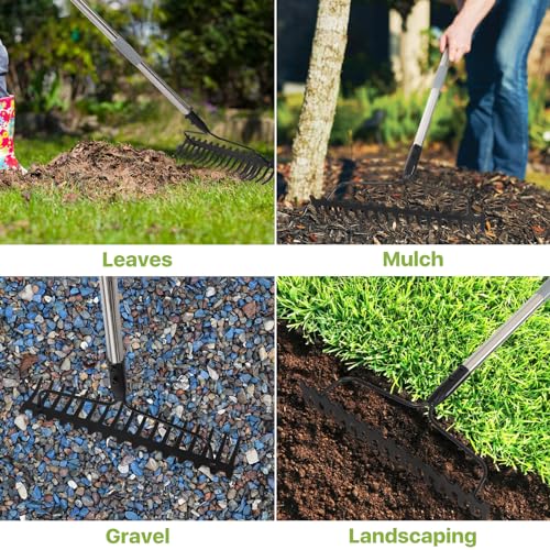 Garden Rake for Lawns, Heavy Duty Metal Gardening Rakes for Leaf, 5.5 FT Bow Rake for Thatch, Landscape, Yard Leveling, 17-Tine Rake Tool for Dethatcher, Rock, Loosening Soil