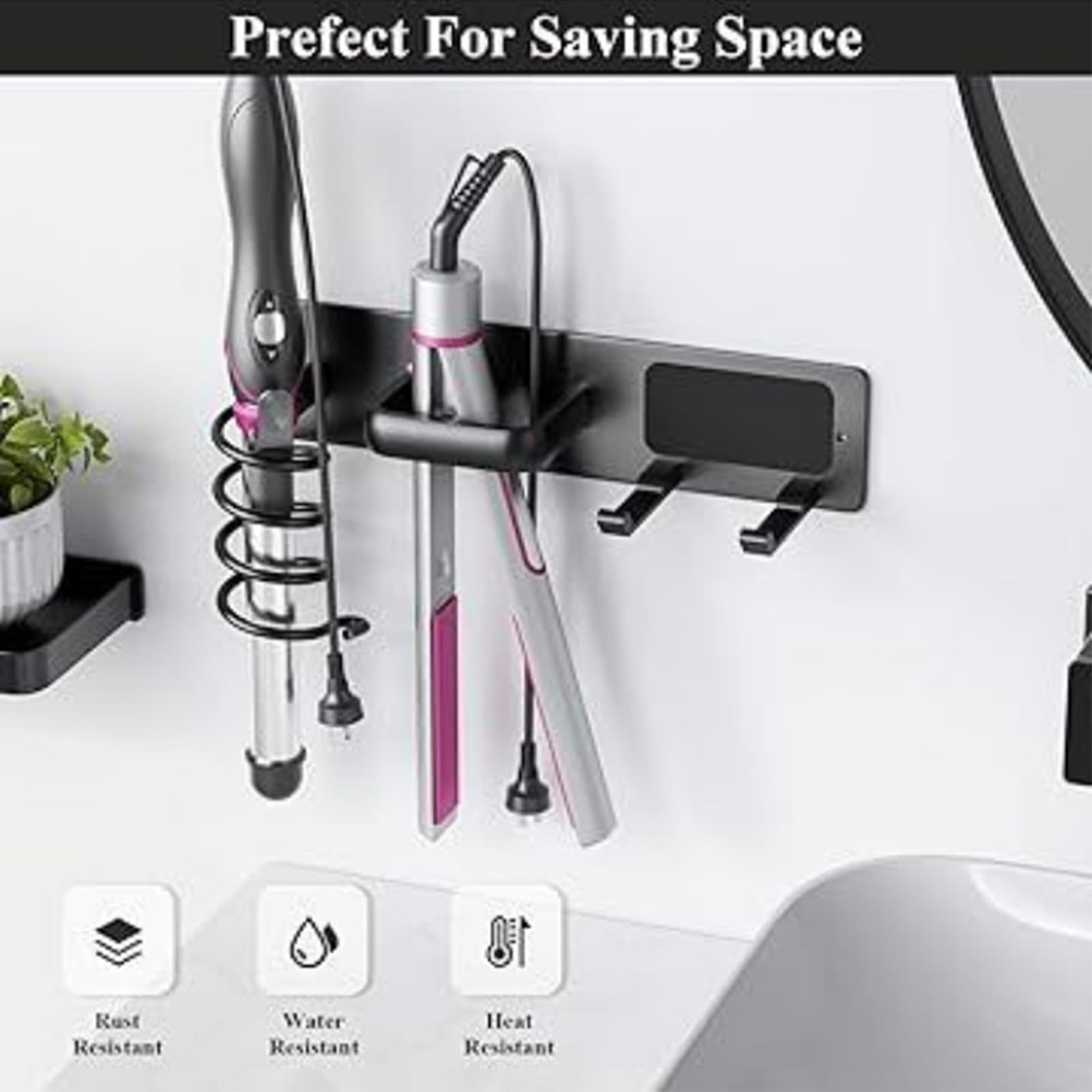 Soporte de pared para secador de pelo, organizador de almacenamiento de herramientas para el cabello, montado en la pared, soporte para secador de pelo, para baño, armario, hogar, universidad