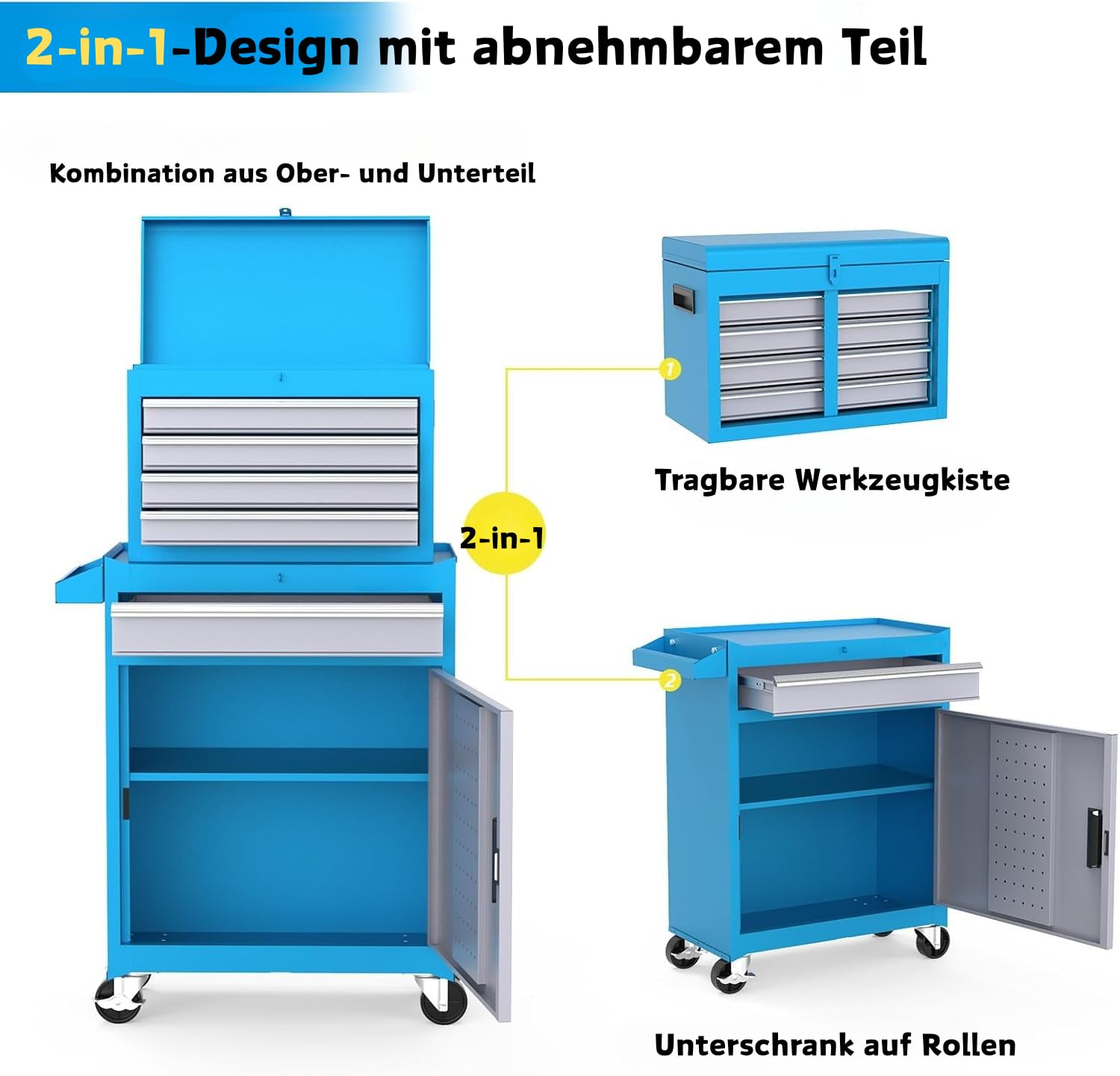 LEADZM Werkstattwagen leer, Werkzeugwagen leer, Werkzeugschrank mit Schloss, Koffer & 5 Fächer & verstellbarem Regal, Kugelgelagerte Schubladen, Metall, 52x28x102cm（Blau）