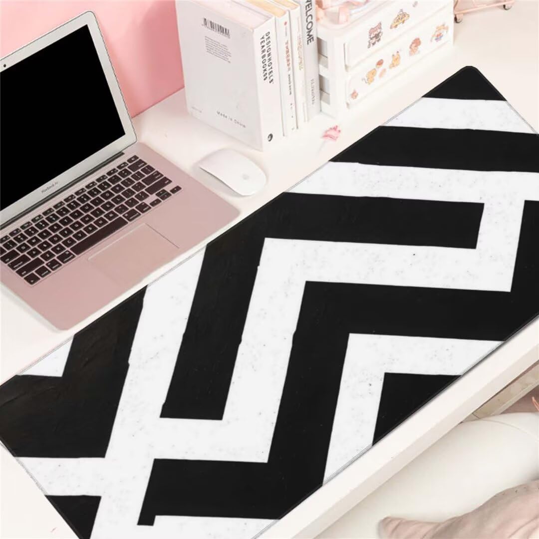 Alfombrilla de ratón 1400x600x3 MM, Alfombrilla Ratón XXL Extendida de Gran Tamaño con Bordes Cosidos, Base de Goma Antideslizante Almohadilla para Teclado, Geometría en Blanco y Negro S-4667