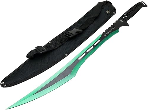 Defender Espada de hoja de 2 tonos de acero inoxidable verde de 27 pulgadas con funda
