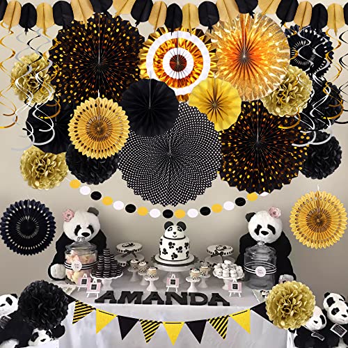 Image of Moon Boat 35PCS Party Decorations Paper Fan Hanging Set - Birthday,Graduation,Baby Shower,Wedding,Retirement,Black and Gold Decor（Black）