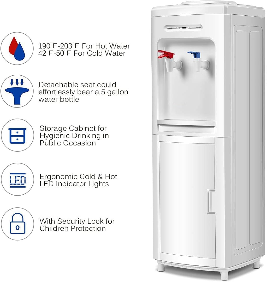KOTEK Water Coolers Water Dispenser, Hot & Cold Top Loading Water Cooler Dispenser Holds 3 or 5 Gallon Bottles w/Child Safety Lock, Removable Drip Tray & Storage Cabinet for Home Office School, White