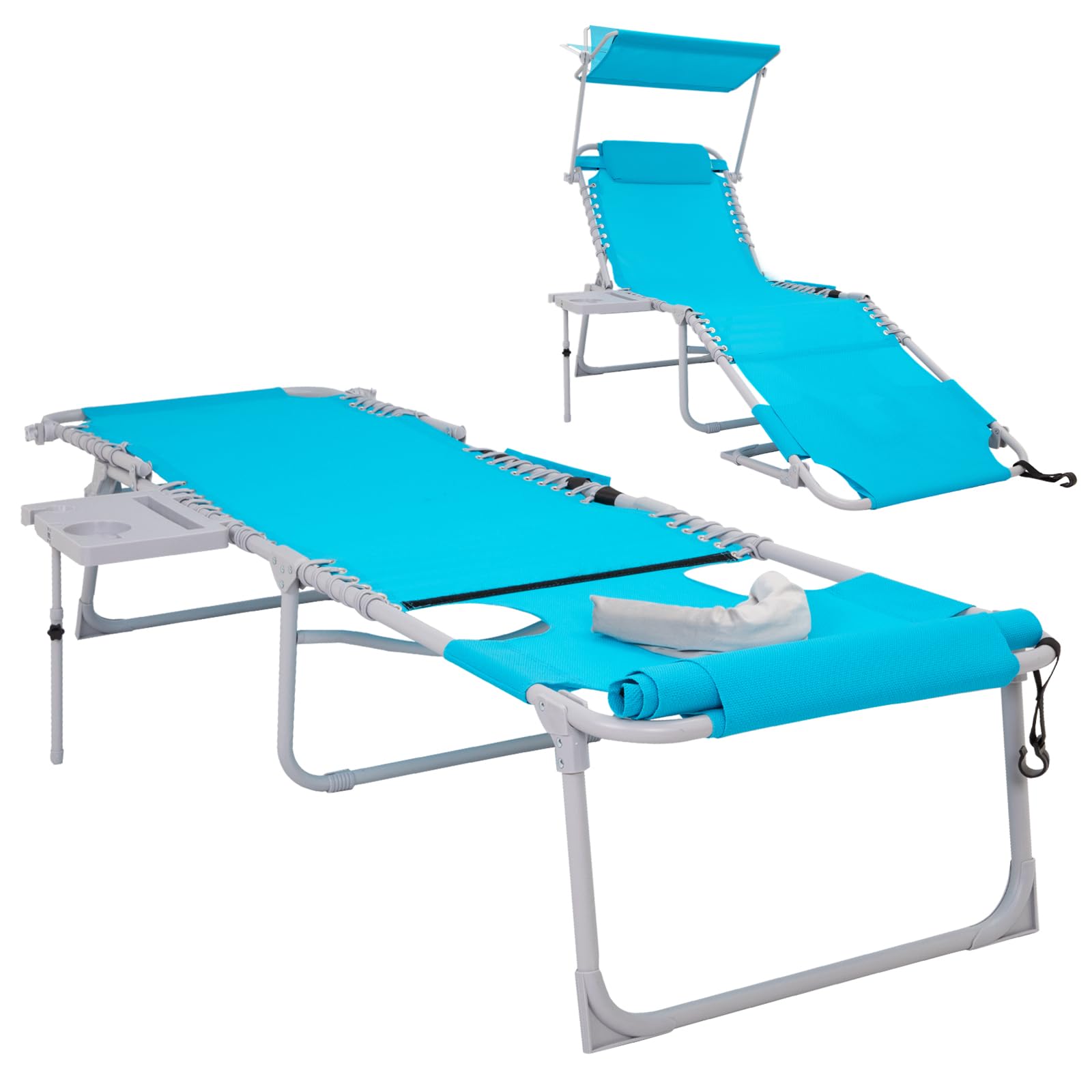 #WEJOY 4 in 1 Tanning Chair with Face Hole & Canopy & Side Table, 5 Positions Adjustable Folding Waterproof Facedown Chaise Lounge with Pillow Quick Dry for Beach Pool Outdoor Camping Patio (Blue)