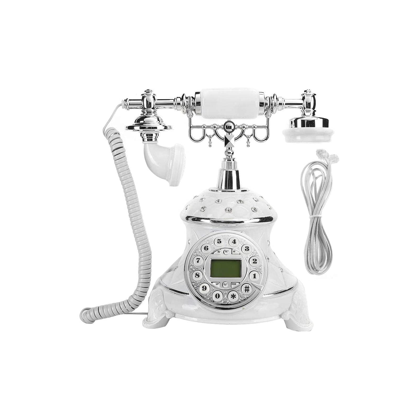 Vintage Antique Telephone, Retro European Style White Embed Rhinestones Landline Home Office Corded Telephone with Pre-dial Number, Call Number Search Function, for Desk, Living Room, Bedroom, Hotel