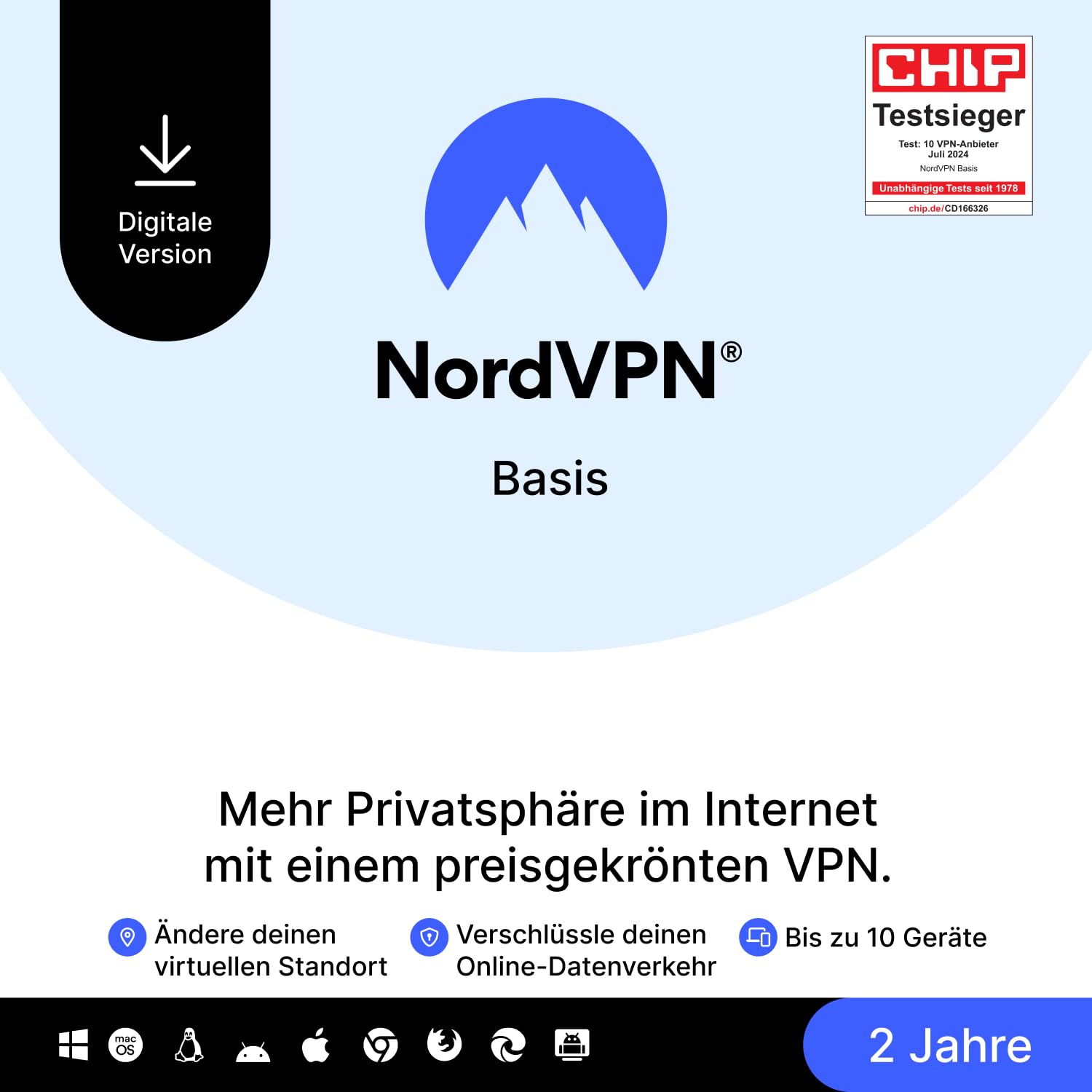NordVPN Basis, 10 Geräte, 2 Jahre, Premium-VPN-Software, Digitaler Code