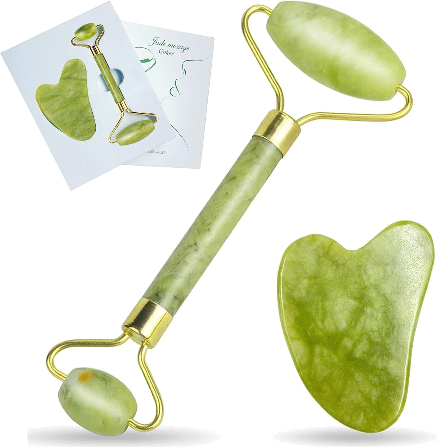Gnker Jade Roller and Gua Sha Set for Beautiful Skin Detox – Facial Body Eyes Neck Massager Tool Reduce Wrinkles Aging – Original Natural Jade Stone (Jade Roller & Gua Sha)
